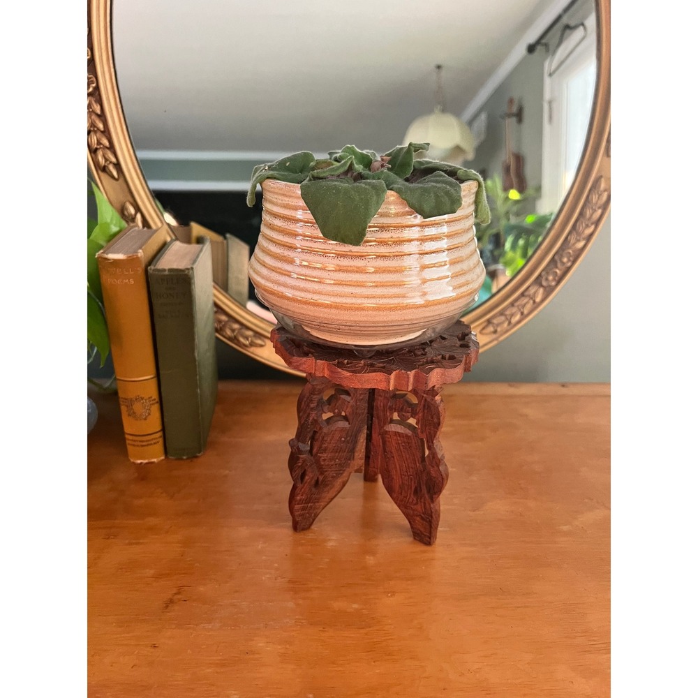 Vintage Indian Carved Wood Plant Stand Inlay Collapsible Tripod Riser 7in Boho